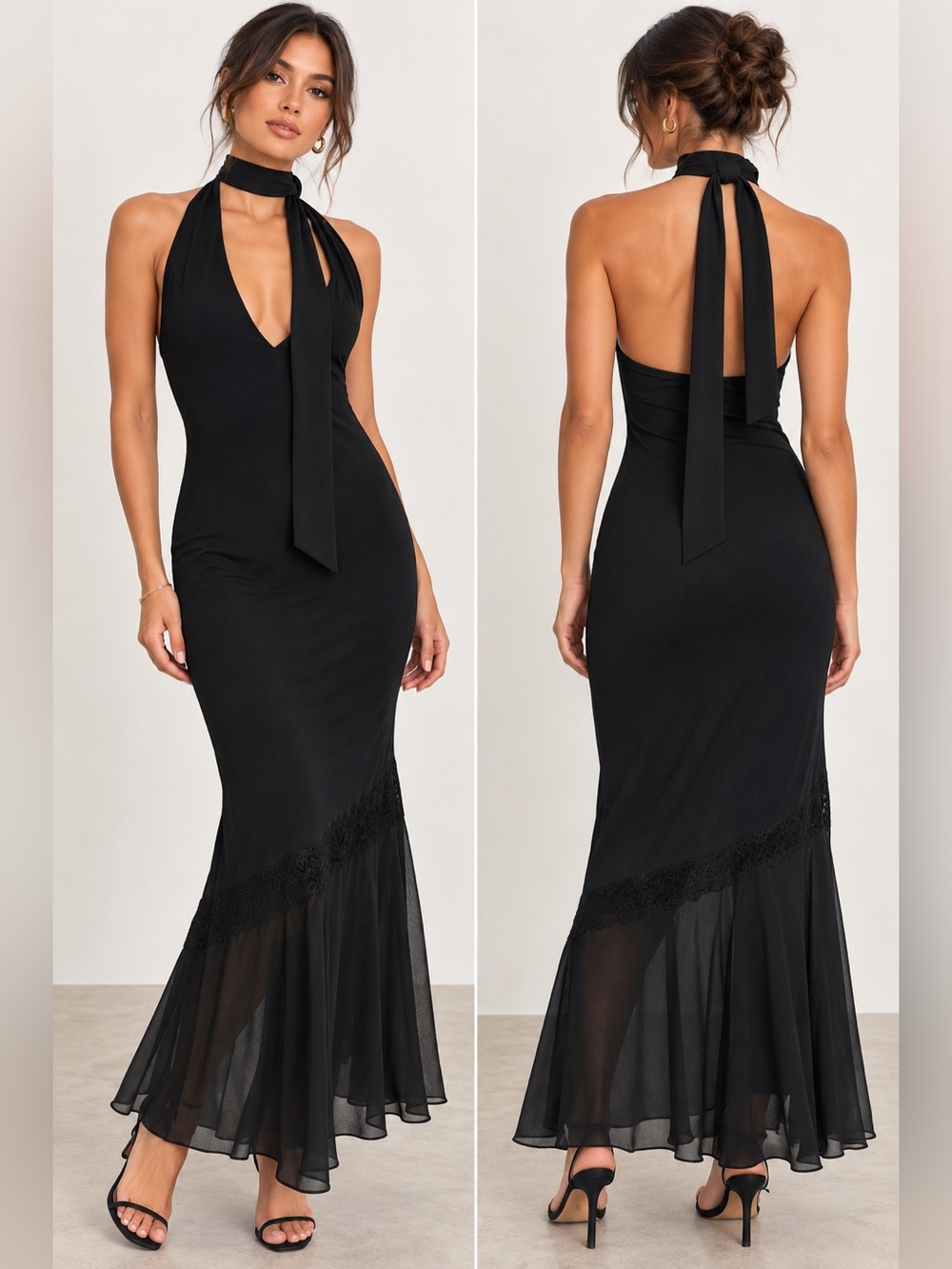Wild Fable XS Black Halter Maxi Dress Removable Neck Tie Lace NWT